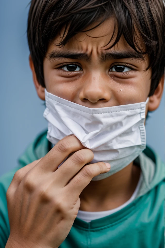 A boy crying covering his face with a little sign