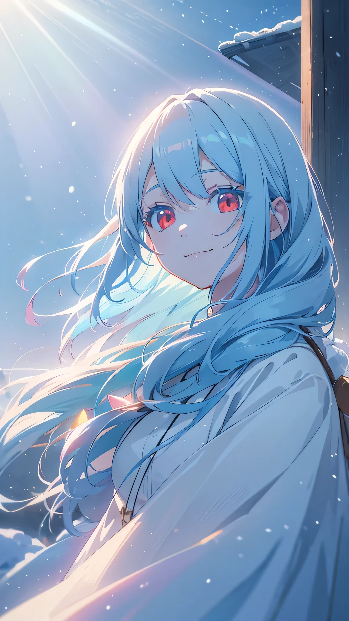 a beautiful girl with ((long  light blue hair,)) smiling and looking into the distance, red eyes, snowy landscape, pale blue snow, snow reflecting sunlight, rays of light, glare, high quality, highly detailed, masterpiece, anime style