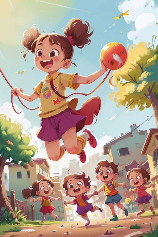 Young lively children, bounding with youthful exuberance, skillfully twirl a colorful jump rope on a sunlit playground. The rhythmic snapping of the rope echoes in the air as they take turns jumping, their laughter filling the atmosphere. Nearby, a vibrant red ball bounces erratically, chased by little hands, intermittently flying into the air, only to be caught with a triumphant giggle. The scene is a bustling symphony of childrenrunning, jumping, and playing, a beautiful display of innocent joy and camaraderie.