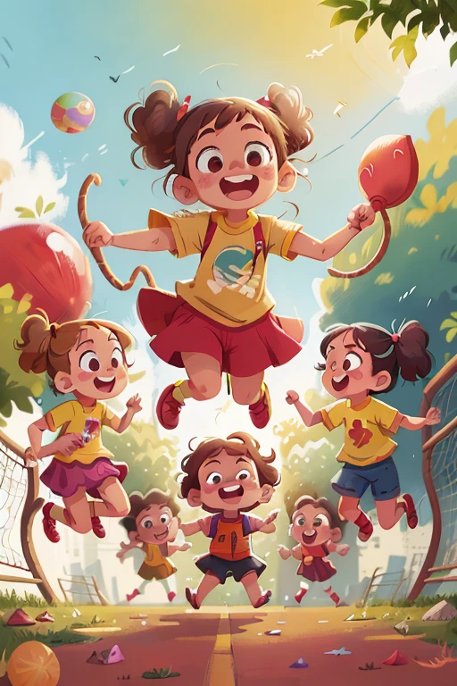Young lively children, bounding with youthful exuberance, skillfully twirl a colorful jump rope on a sunlit playground. The rhythmic snapping of the rope echoes in the air as they take turns jumping, their laughter filling the atmosphere. Nearby, a vibrant red ball bounces erratically, chased by little hands, intermittently flying into the air, only to be caught with a triumphant giggle. The scene is a bustling symphony of childrenrunning, jumping, and playing, a beautiful display of innocent joy and camaraderie.