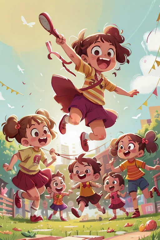 Young lively children, bounding with youthful exuberance, skillfully twirl a colorful jump rope on a sunlit playground. The rhythmic snapping of the rope echoes in the air as they take turns jumping, their laughter filling the atmosphere. Nearby, a vibrant red ball bounces erratically, chased by little hands, intermittently flying into the air, only to be caught with a triumphant giggle. The scene is a bustling symphony of childrenrunning, jumping, and playing, a beautiful display of innocent joy and camaraderie.