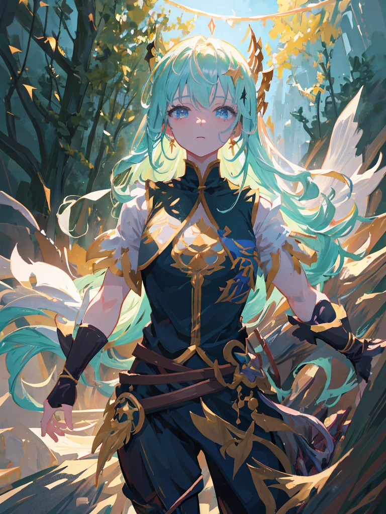 1girl, holding a sword, nel bleach, green T-shirt, torn t-shirt, green skirt, torn skirt, stand, flawless skin, big tits, milk nipple, serious expression, long hair, green hair, hair blown by the wind, sexy body, asian skin,