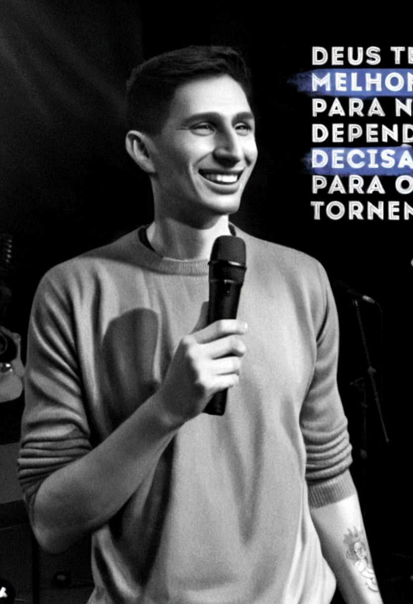 Cartoon character of a man WITH BLACK HAIR SMILING AND HOLDING A MICROPHONE