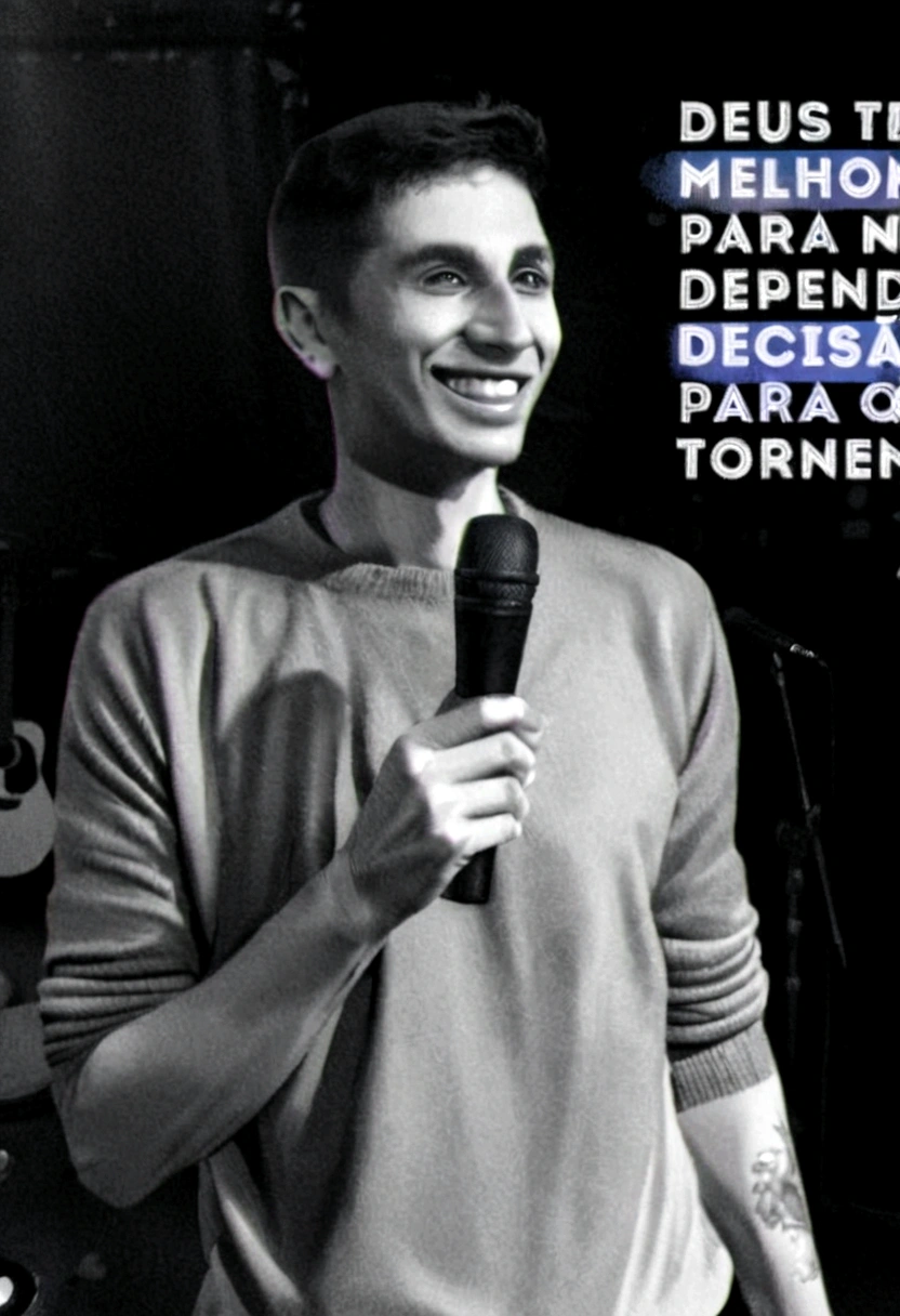Cartoon character of a man WITH BLACK HAIR SMILING AND HOLDING A MICROPHONE