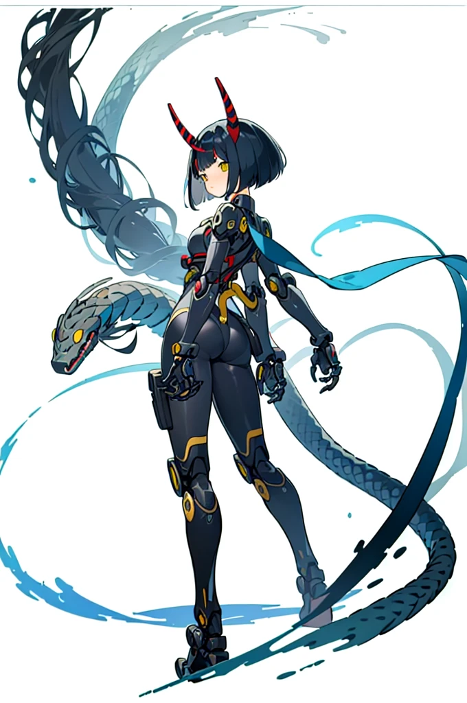 (finely best quality illustration:1.2), (1girl, solo:1.0), (black short hair:1.0), (masterpiece, ultra high quality), (standing), (full body), (1girl), (solo), (female focus), (Anime art style), (Singular, large horn on the left side of her head), (half human/half snake hybrid female), (Messy bob-cut with bangs), (big eyebrows), (organic snake tail sticking out of ass) (Cute anime snake eyes), (mechanical limbs attached to limbless female body), (mechanical exo-suit with harness)