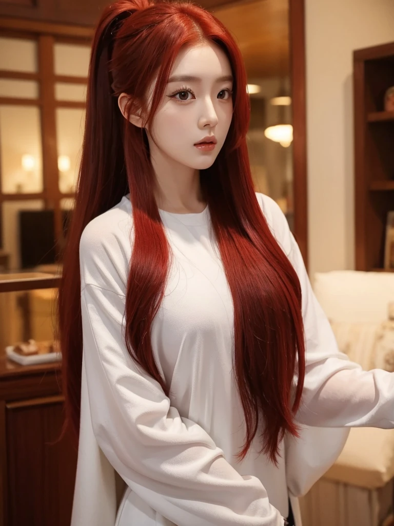  Korean with long red hair, selfie and hair up