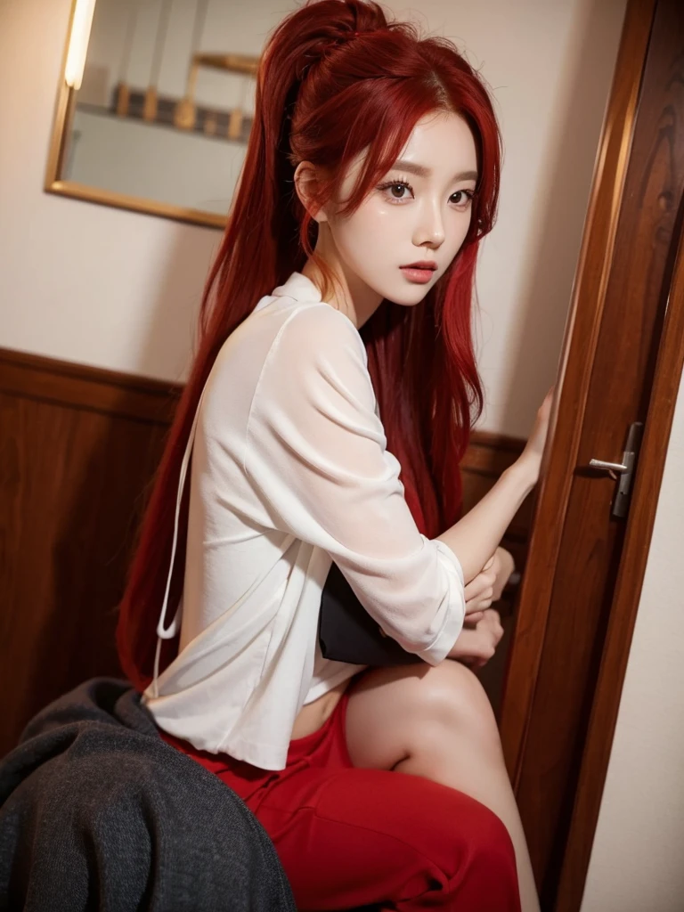 Korean with long red hair, selfie and hair up