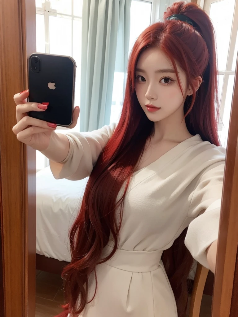 Korean with long red hair, white outfit, hair stuck, Selfie