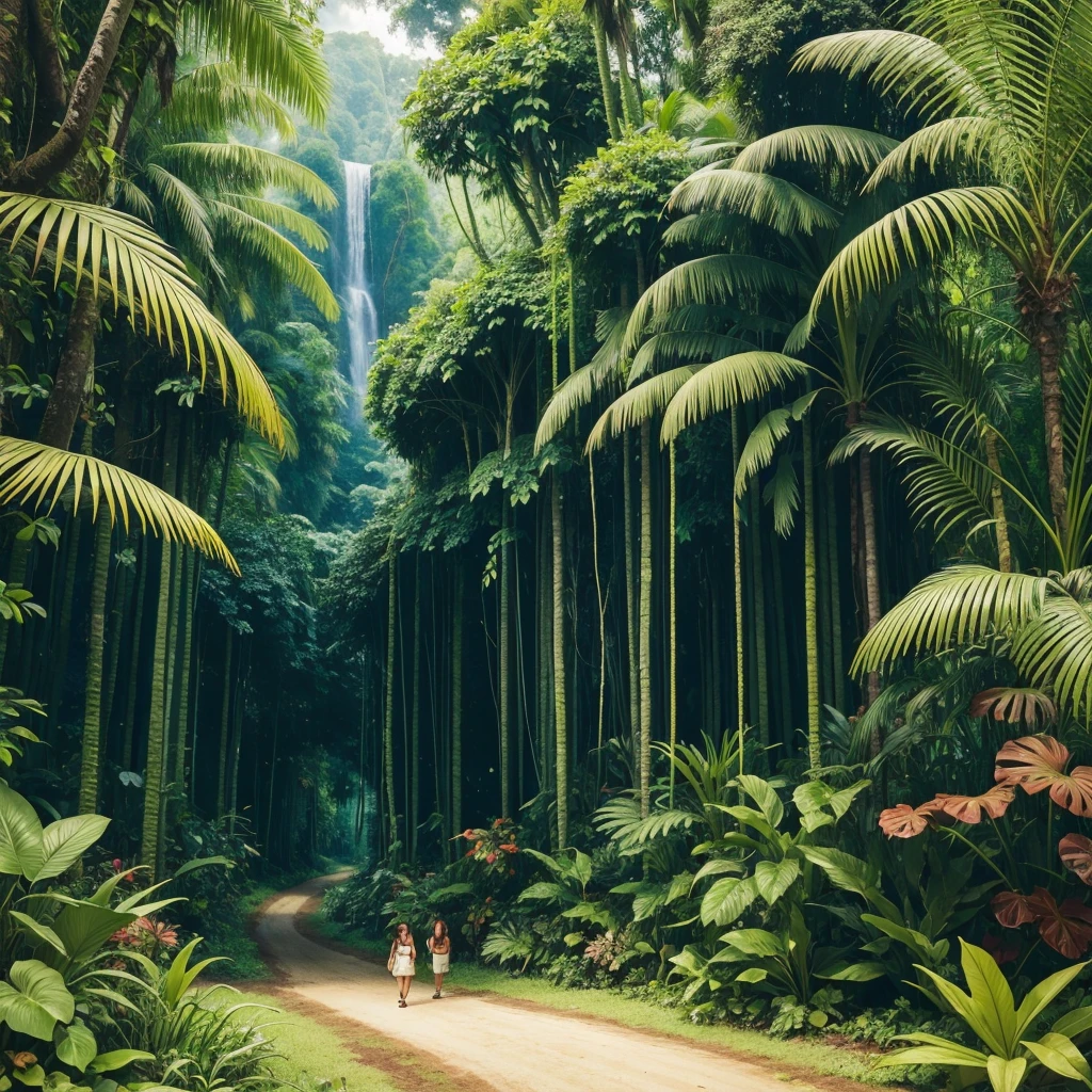 Tropical jungle forest landscape Ai generated 8-bit pixel art game background 2d pixelated adventure level rainforest scene Game location with lush tropical vegetation and wild plants in vintage style