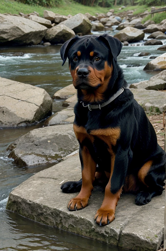 Rottweiler sitting beside river