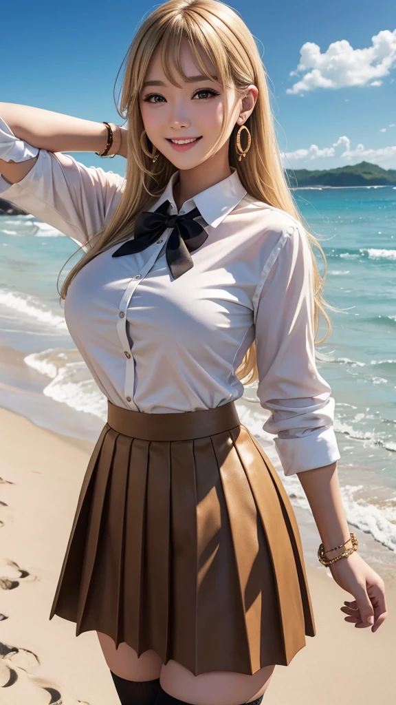 Pop music throws a party on the beach. His enjoyable expression, the shine of the microphone he holds, and the landscape of the beach behind him are impressive. 8K , HD, highly detailed, realistic, photography, photo realism --ar 9:16 -- at 6.0 --s 750,19 years old, alone, Long Hair, View your viewers, Blonde, Brown eyes, gem, whole body, Realistic, Sexy、Big Breasts 、stockings、clip on earrings,during,bracelet、smile,collared shirt, pleated skirt, , bow