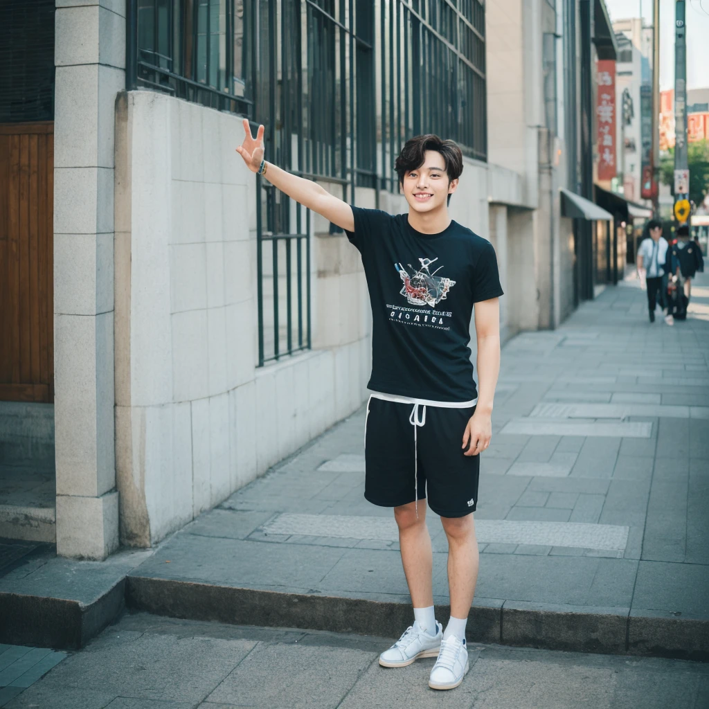 ((hyperdetail)), ((hyperrealistic)), ((hyperrealism)), Professional, Angle camera shooting from below, realistic, High level of detail, Full body photo of 25 years old Korean male, alone, just 1 man, one man, face like Jungkook BTS, nice hair like Jungkook BTS hair, nice eyes, wearing t-shirt, wearing sneakers, full body, fit body almost 75 kg bodyweight weight and 185 cm body height, fit body like gym trainer, not thin and not fat, cool pose hand, standing posing for a photo, chill on a city park, photogenic pose, smile pose, (random standing pose: 1.3) ,Natural light, (Attractive young man:1.3), (seductive:1.1), (blush:1.1), bacgkround at street near seoul district , shower of sunshine, hold a cup of coffee on hand, ((cool pose)), ((gentleman pose)), ((ISO 1600)), ((50mm lens)), ((wide shot)),
