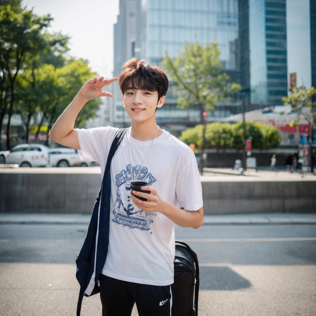 ((hyperdetail)), ((hyperrealistic)), ((hyperrealism)), Professional, Angle camera shooting from below, realistic, High level of detail, Full body photo of 25 years old Korean male, alone, just 1 man, one man, face like Jungkook BTS, nice hair like Jungkook BTS hair, nice eyes, wearing t-shirt, wearing sneakers, full body, fit body almost 75 kg bodyweight weight and 185 cm body height, fit body like gym trainer, not thin and not fat, cool pose hand, standing posing for a photo, chill on a city park, photogenic pose, smile pose, (random standing pose: 1.3) ,Natural light, (Attractive young man:1.3), (seductive:1.1), (blush:1.1), bacgkround at street near seoul district , shower of sunshine, hold a cup of coffee on hand, ((cool pose)), ((gentleman pose)), ((ISO 1600)), ((50mm lens)), ((wide shot)),