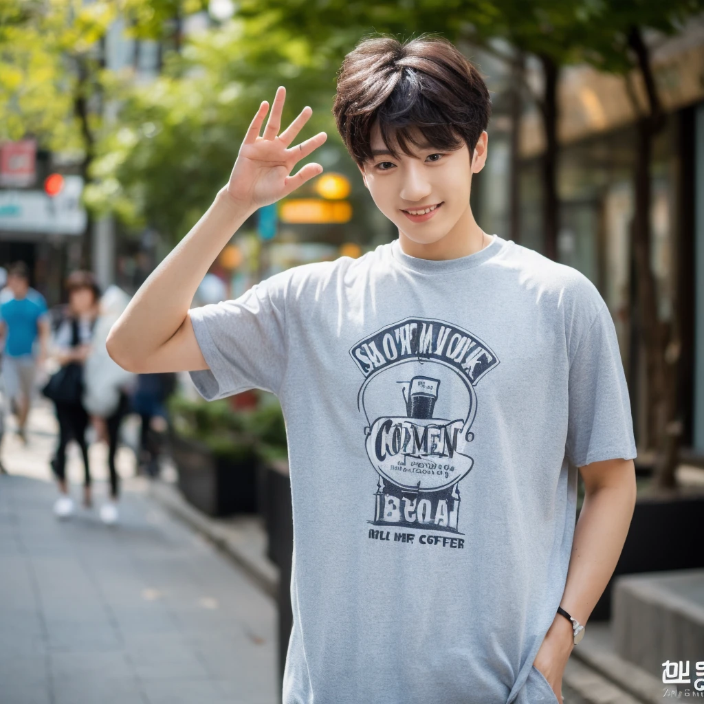 ((hyperdetail)), ((hyperrealistic)), ((hyperrealism)), Professional, Angle camera shooting from below, realistic, High level of detail, Full body photo of 25 years old Korean male, alone, just 1 man, one man, face like Jungkook BTS, nice hair like Jungkook BTS hair, nice eyes, wearing t-shirt, wearing sneakers, full body, fit body almost 75 kg bodyweight weight and 185 cm body height, fit body like gym trainer, not thin and not fat, cool pose hand, standing posing for a photo, chill on a city park, photogenic pose, smile pose, (random standing pose: 1.3) ,Natural light, (Attractive young man:1.3), (seductive:1.1), (blush:1.1), bacgkround at street near seoul district , shower of sunshine, hold a cup of coffee on hand, ((cool pose)), ((gentleman pose)), ((ISO 1600)), ((50mm lens)), ((wide shot)),