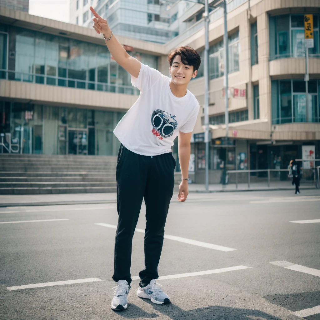 ((hyperdetail)), ((hyperrealistic)), ((hyperrealism)), Professional, Angle camera shooting from below, realistic, High level of detail, Full body photo of 25 years old Korean male, alone, just 1 man, one man, face like Jungkook BTS, nice hair like Jungkook BTS hair, nice eyes, wearing t-shirt, wearing sneakers, full body, fit body almost 75 kg bodyweight weight and 185 cm body height, fit body like gym trainer, not thin and not fat, cool pose hand, standing posing for a photo, chill on a city park, photogenic pose, smile pose, (random standing pose: 1.3) ,Natural light, (Attractive young man:1.3), (seductive:1.1), (blush:1.1), bacgkround at street near seoul district , shower of sunshine, hold a cup of coffee on hand, ((cool pose)), ((gentleman pose)), ((ISO 1600)), ((50mm lens)), ((wide shot)),
