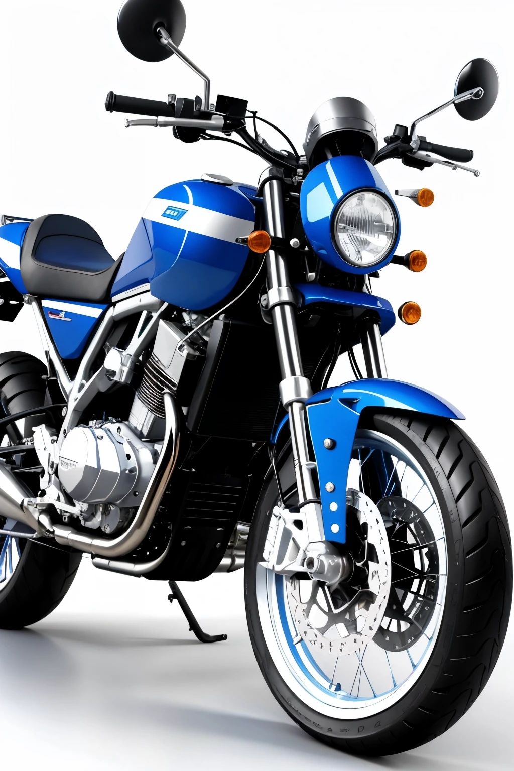 a freight motorbike, pretty, blue and white, in 3D design, semi-realistic, White background, without a person, diagonally upwards showing its bottom