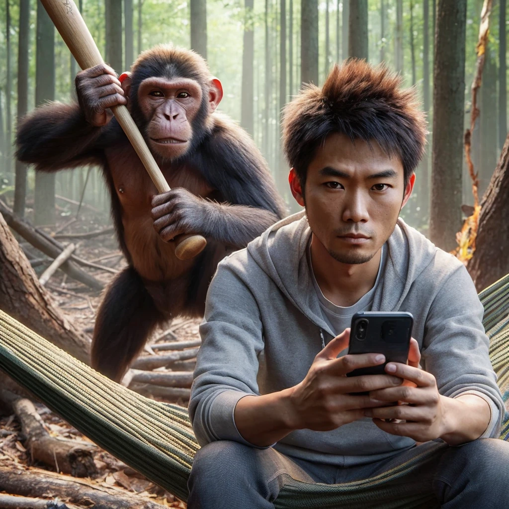 hyperrealism. a monkey holding a baseball bat sneaks up behind an asian man ,25 year old with short and spiky hair who was sitting looking blankly forward in a hammock, A monkey was seen swinging a bat to hit the human, in the forest that has been cut down.4k,cinematic,UHD