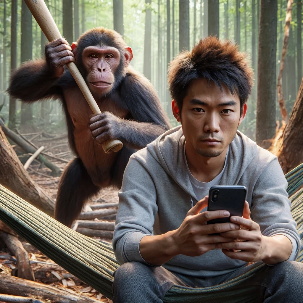 hyperrealism. a monkey holding a baseball bat sneaks up behind an asian man ,25 year old with short and spiky hair who was sitting looking blankly forward in a hammock, A monkey was seen swinging a bat to hit the human, in the forest that has been cut down.4k,cinematic,UHD