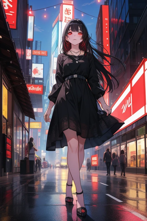masterpiece, best quality, highres, absurdres, ultra detailed, pretty eyes, pretty_hands Goth girl 1girl, ((black long hair)), red eyes, jewelry, necklace, pale skin, neon lights A dark-haired girl named Akira with long black hair and red eyes, wearing a black dress, walking to work in a bustling, modern futuristic city. The city is alive with activity, with people rushing by, cars and buses moving, and tall skyscrapers surrounding her. The atmosphere is urban and vibrant, with neon lights and holographic billboards, contrasting with Akira's calm and mysterious presence. The background includes bright city lights, advanced technology, and street vendors, emphasizing the busy city life. The tone should be in a dark art style