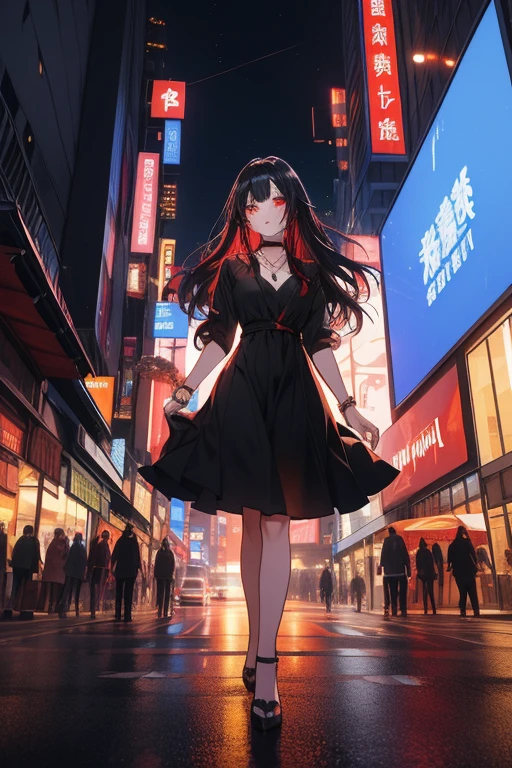 masterpiece, best quality, highres, absurdres, ultra detailed, pretty eyes, pretty_hands Goth girl 1girl, ((black long hair)), red eyes, jewelry, necklace, pale skin, neon lights A dark-haired girl named Akira with long black hair and red eyes, wearing a black dress, walking to work in a bustling, modern futuristic city. The city is alive with activity, with people rushing by, cars and buses moving, and tall skyscrapers surrounding her. The atmosphere is urban and vibrant, with neon lights and holographic billboards, contrasting with Akira's calm and mysterious presence. The background includes bright city lights, advanced technology, and street vendors, emphasizing the busy city life. The tone should be in a dark art style