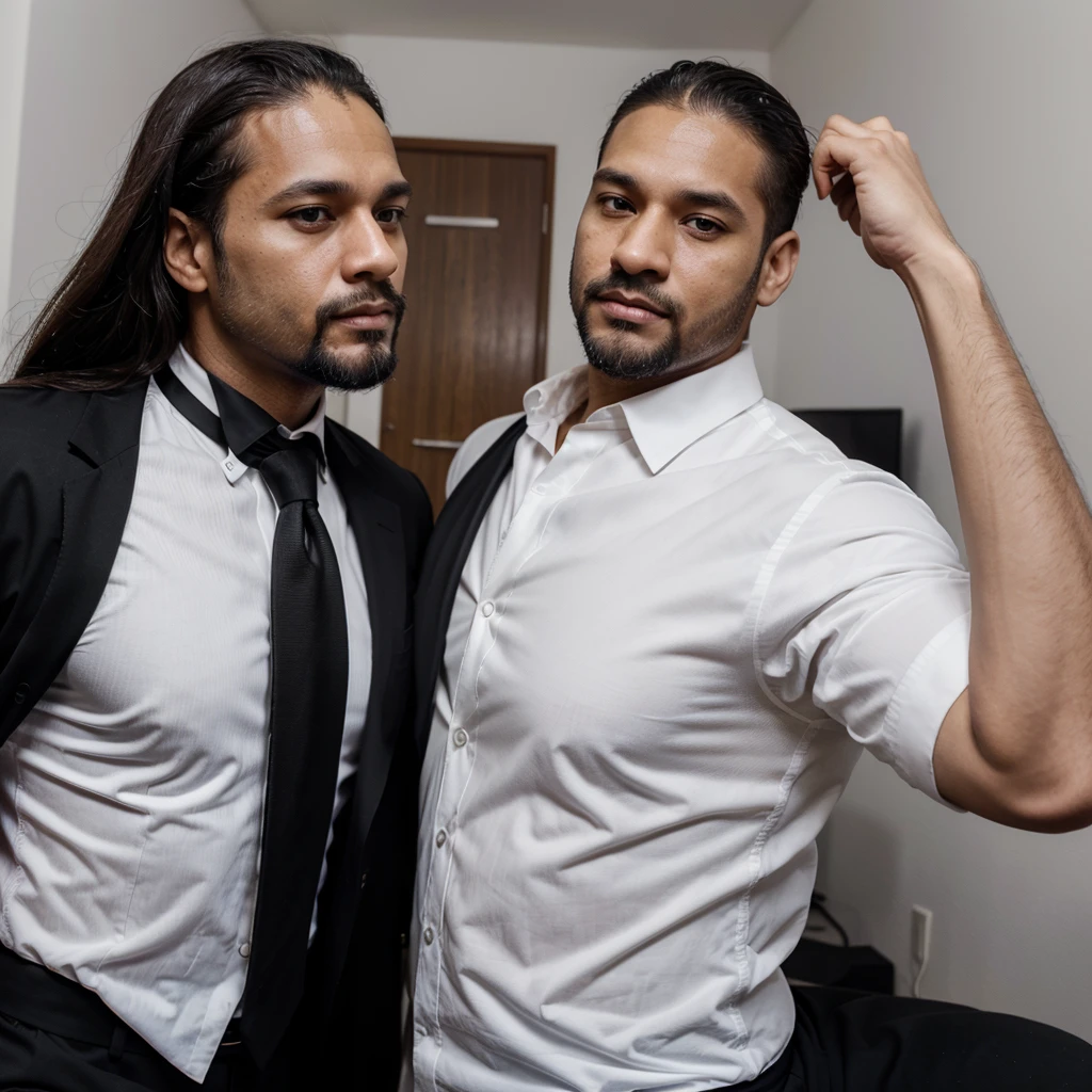 40 year old successful aesthetic man with beard,wearing black dress shirt,white tie ,light skin color,without glasses , holding a cell phone typical brazilian man , working on digital marketing in your living room