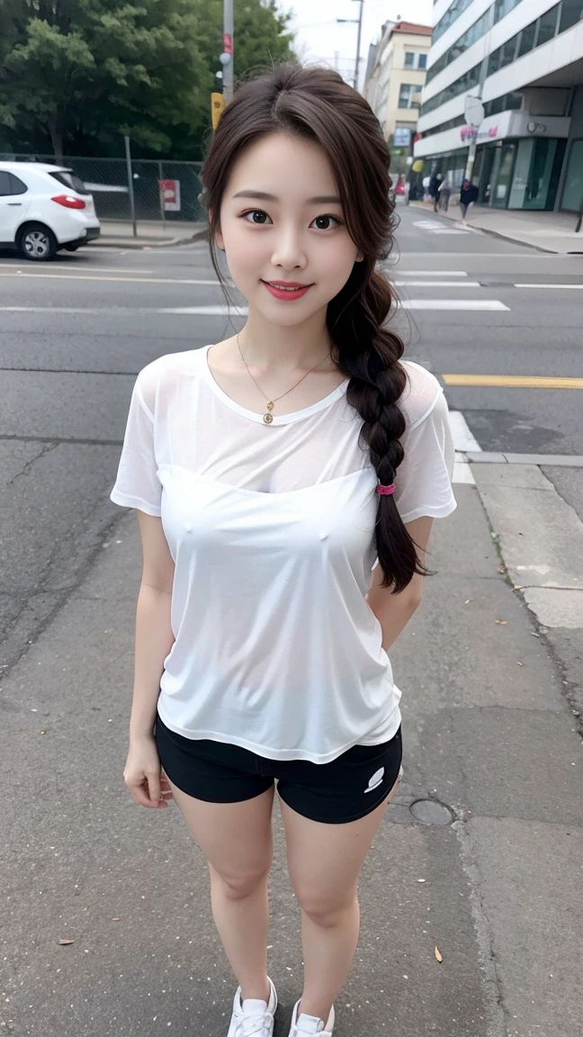  Wearing a white shirt， girl, （tight top：1.5），close your mouth and smile，legs long，Skinny super shorts，White skin of the，high high quality，4K, Face-to-face audience, 1 plump girl，hair tying up，at the street side，（Bring your legs together：1.5），with a round face， 32 inches in the chest, (sexy pose),(standing pose) ,(full body shot)、Chest 32 inches, ,Stand on the grass and take pictures