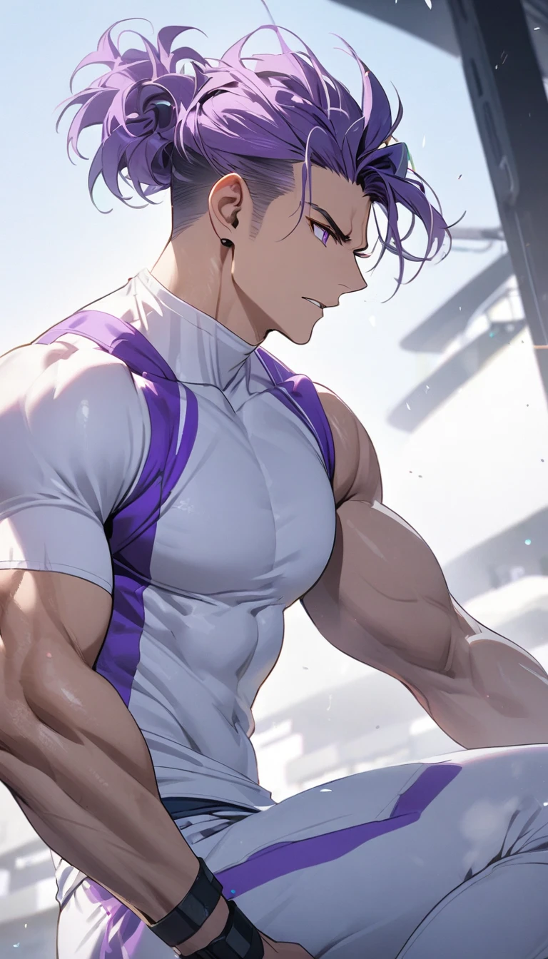 A muscular man wearing purple and white fitness clothing,Cool hairstyle