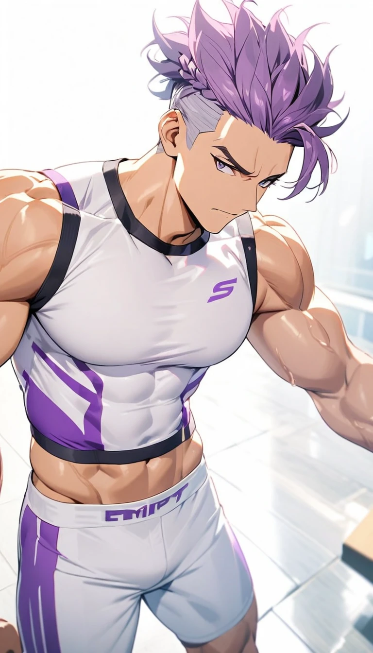 A muscular man wearing purple and white fitness clothing,Cool hairstyle