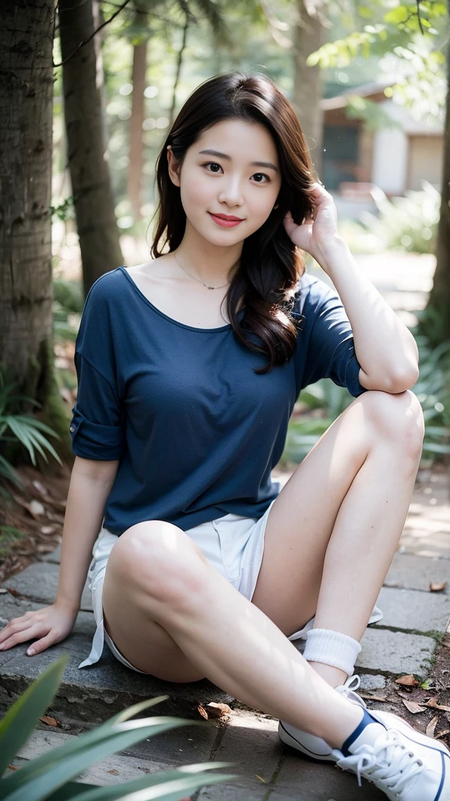 masterpiece, best quality, Surreal, Ultra Detailed, 8k resolution, RAW photos, Clear focus, (A girl in the forest),Asian woman in a blue top and white shorts posing for a photo,Breast augmentation, Full body posture, Solitary, Perfect body, Become a, 32 inches in the chest,(a charming smile:1), (sexy pose),26 years old, light,White shoes,Nozomi Takemura, Oka Yasumoto, Chiho, Ogata Aoi, Motto Cave, Yoshitomo Nara, Kakinuchi Megumi, Harumi, Kojima De Ami, Beichuan Marin