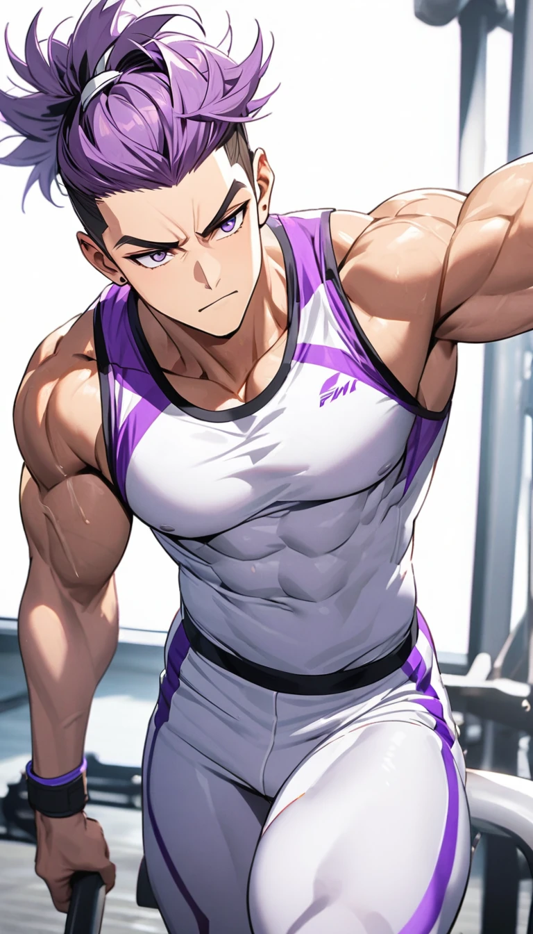 A muscular man wearing purple and white fitness clothing,Cool hairstyle