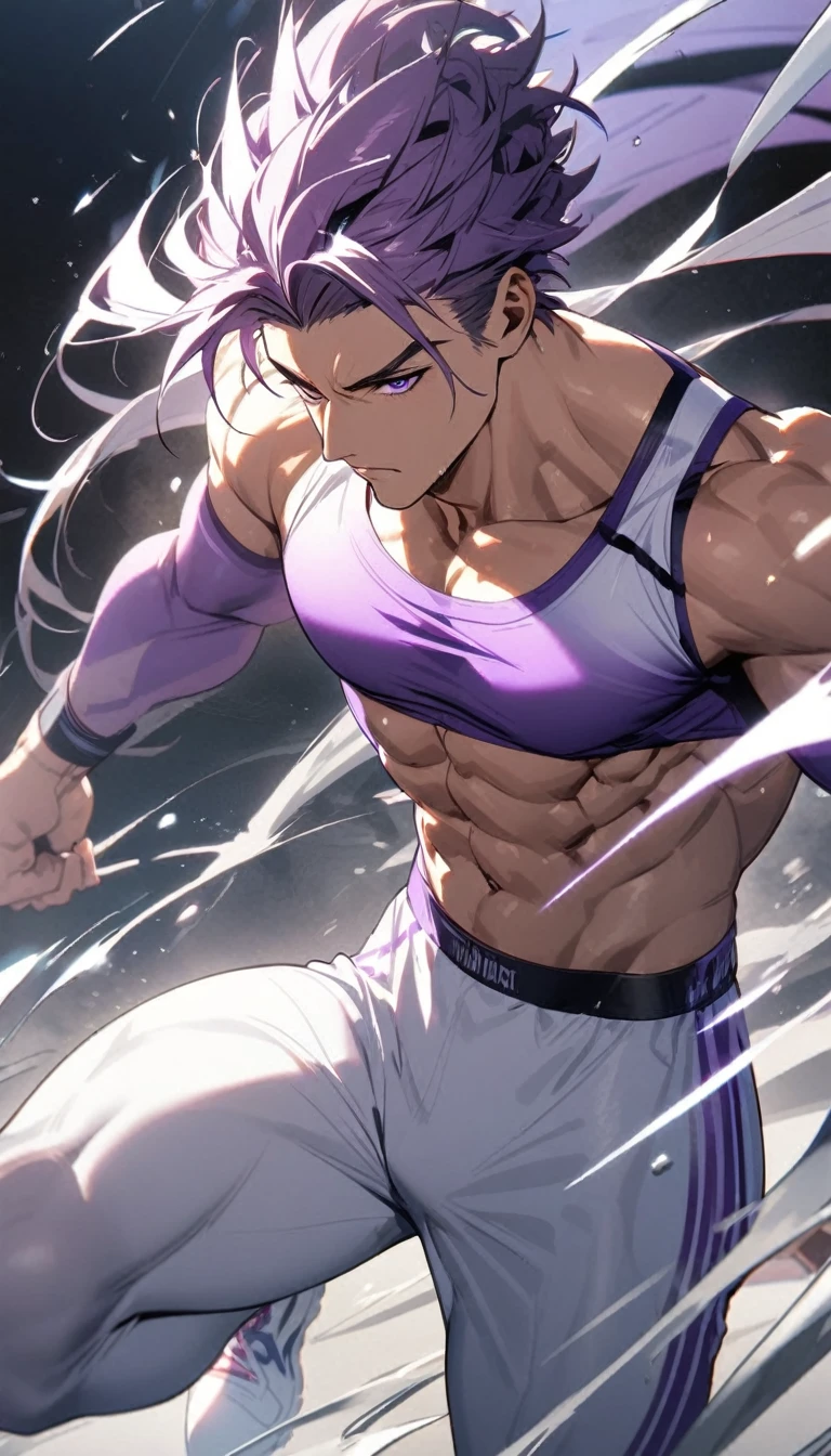 A muscular man wearing purple and white fitness clothing,Cool hairstyle