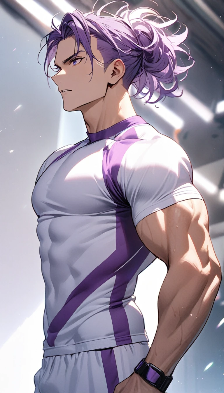 A muscular man wearing purple and white fitness clothing，Cool hairstyle