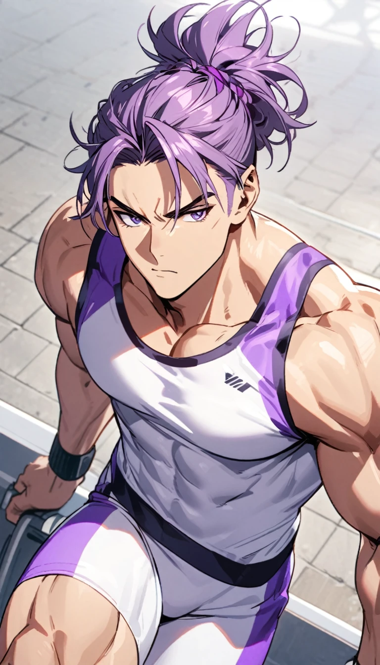 A muscular man wearing purple and white fitness clothing，Cool hairstyle