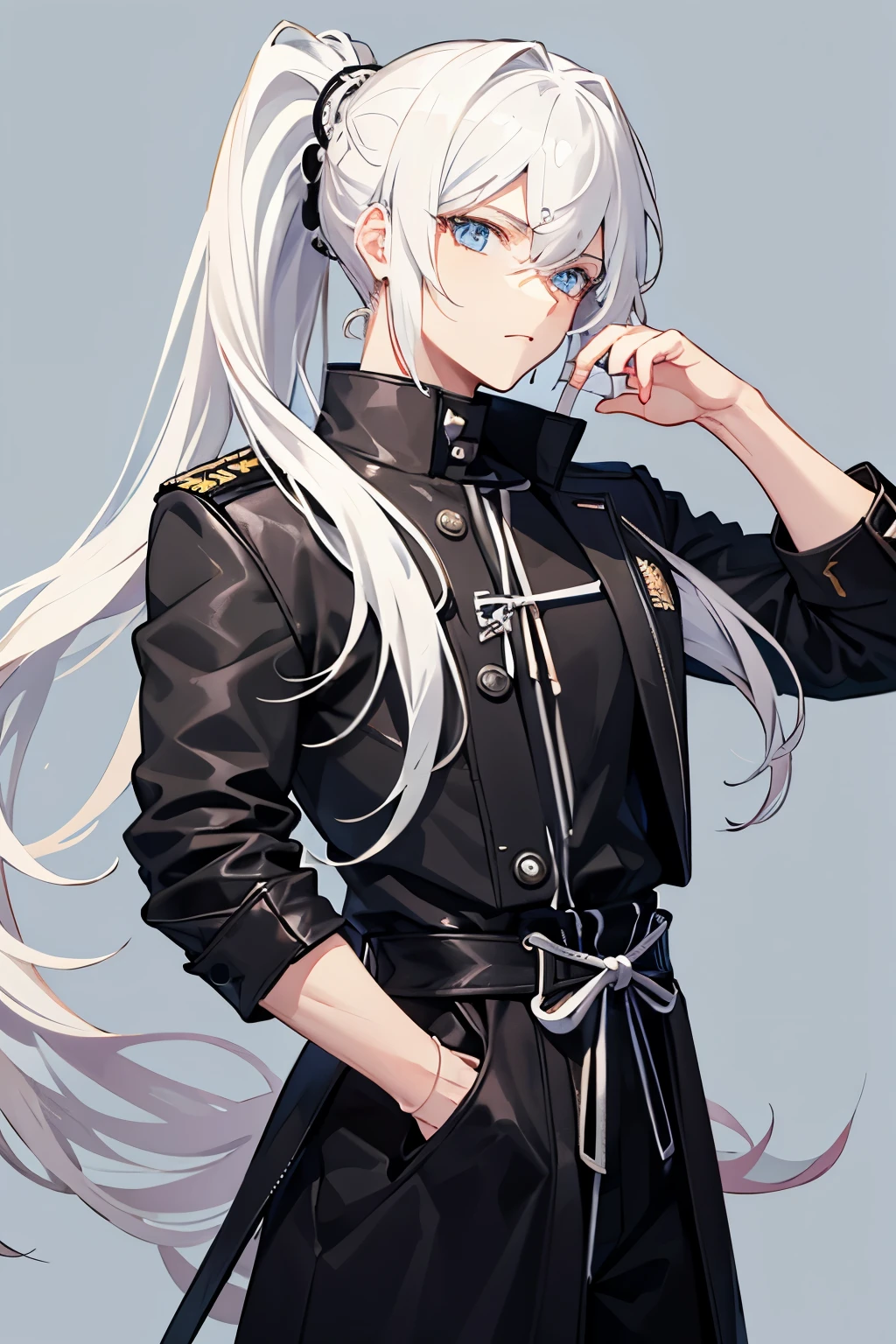 male, white hair, long hair, ponytail hair, blue eyes, , upperbody, gakuran