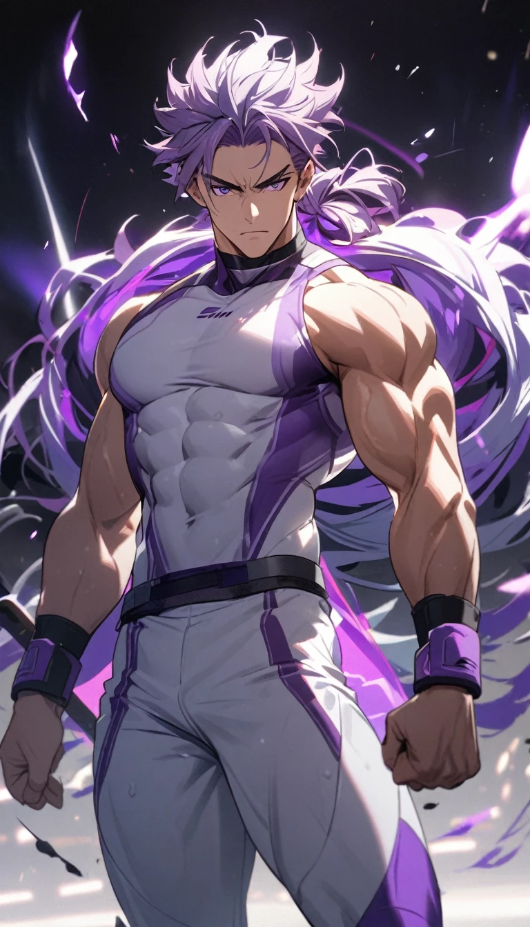 A muscular man wearing purple and white fitness clothing,Cool hairstyle