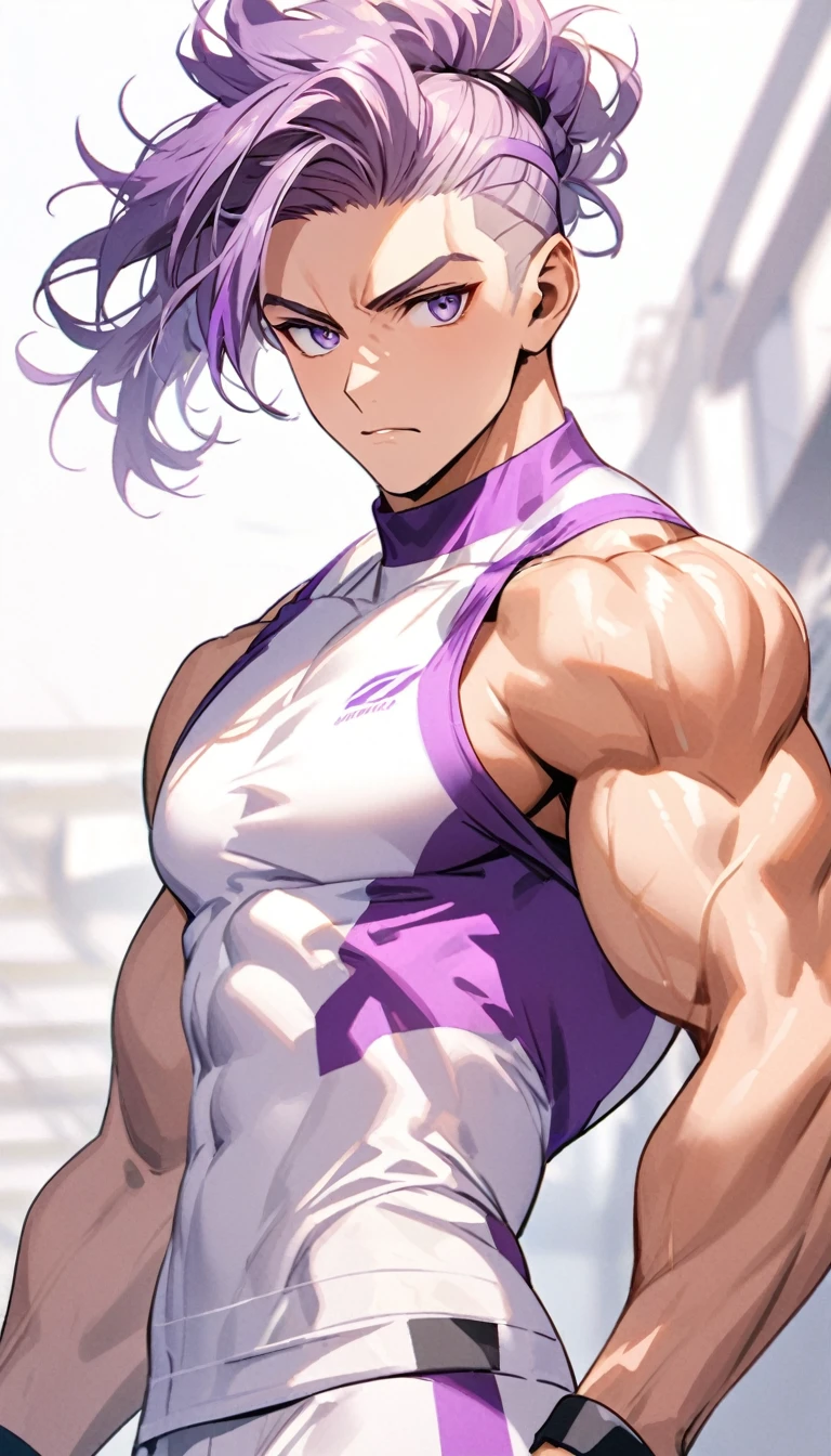 A muscular man wearing purple and white fitness clothing,Cool hairstyle
