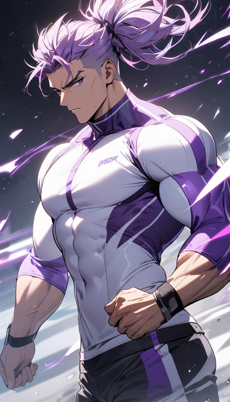 A muscular man wearing purple and white fitness clothing，Cool hairstyle