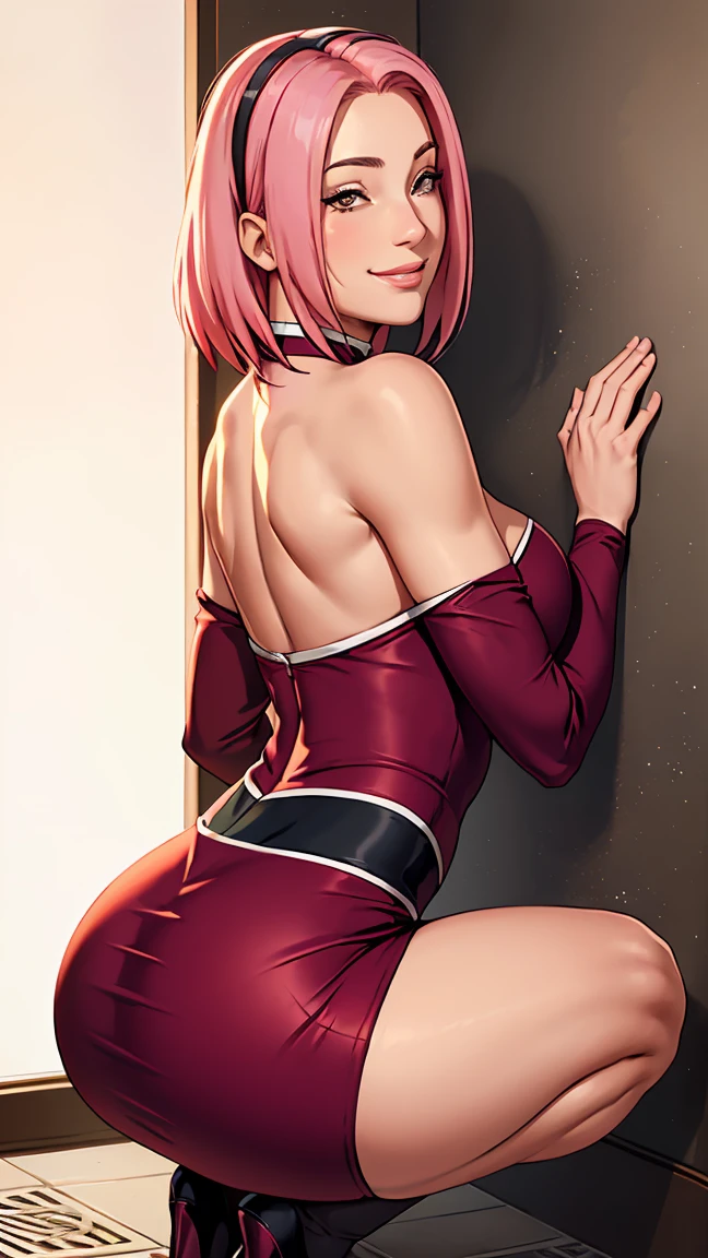 ((big ass))((BOG TITS))((perfect face))((sexy))(((Suit))), Masterpiece， The best quality at the best， 1girll， Sakura Haruno， BIG BREASTS,Off the shoulder clothing，  ,（neckline)，（Closeup of upper body)，Sexy servant，is shy，smile，with pink hair， Long whitish hair， There is a woman with pink hair and stockings posing in a bathroom, Lower angle, illuminated , on knees, thighs and skirt, on knees, peeping , thighs close up, curvy accentuated booty, Hyperrealistic  in tight short dress , tucked knees, bend, hugging his knees, illuminated from below, View 
