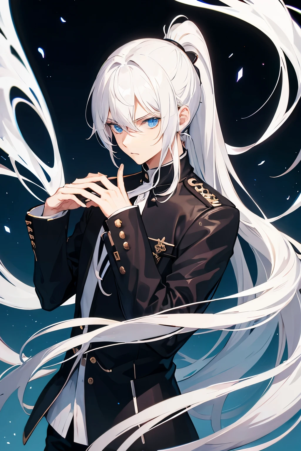 male, white hair, long hair, ponytail hair, blue eyes, , upperbody, gakuran 