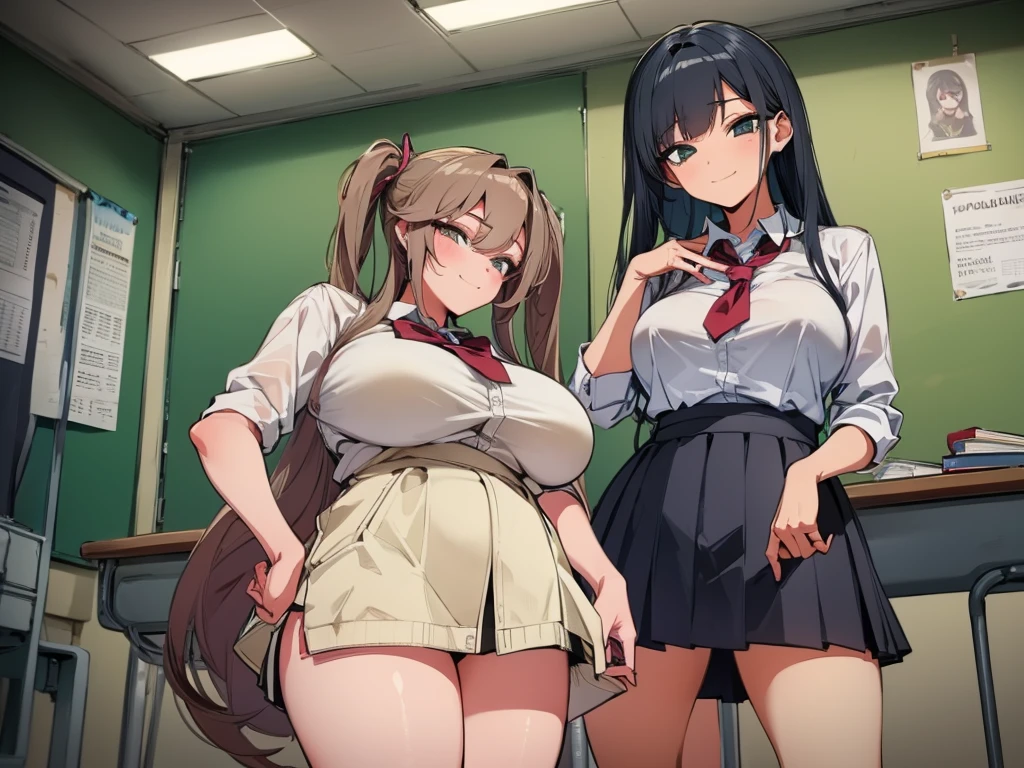 high school student、Women、School classroom、(Big Breasts)、smirk、curvy、(((((1 girl)))))、(from below)、With a cheek cane、
