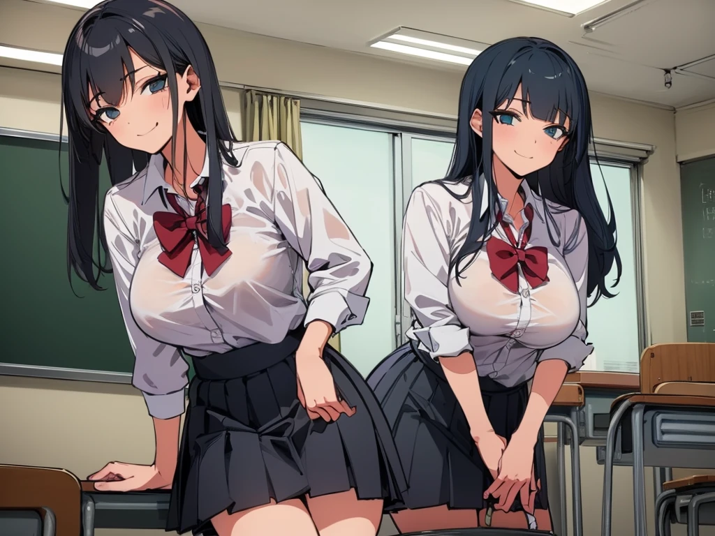 high school student、Women、School classroom、()、smirk、、(((((1 girl)))))、(from below)、With a cheek cane、