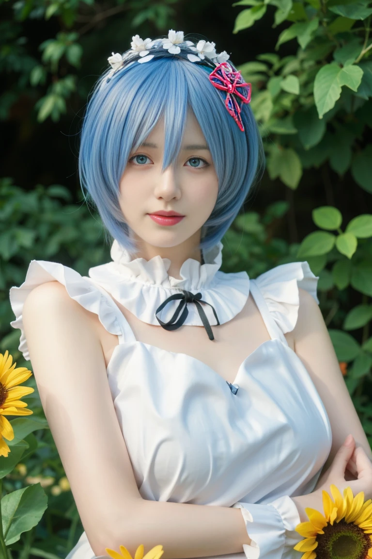 best quality, tmasterpiece,Ultra-high resolution,Clear face,(Reality:1.4),ferpect lighting,(upper body shot:1.5), (photorealistic:1.50), anime wallpaper, Guviz style artwork, cover-up fantasy up to magic , by Yang J, Guviz, beautiful artwork illustration, beautiful digital artwork, beautiful digital illustration, Li Song, beautiful anime portrait, art style in Beauvot,1girl,rem(re-zero),blue_eyes,blue_hair,blue_sky,blush,cloud,day,dress,field,flower,flower_field,from_side,hair_between_eyes,hair_flower,hair_ornament,hat,hat_flower,hat_ribbon,lens_flare,looking_at_viewer,open_mouth,outdoors,pink_flower,plaid,plaid_ribbon,ribbon,short_dress,short_hair,shoulder_blades,skirt_hold,sky,sleeveless,sleeveless_dress,独奏,standing,strap_gap,straw_hat,sun_hat,sundress,sunflower,sunflower_field,white_dress,yellow_flower,yellow_hat,