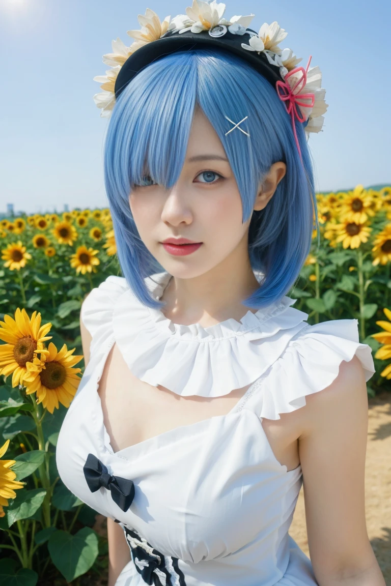 best quality, tmasterpiece,Ultra-high resolution,Clear face,（Reality：1.4），ferpect lighting，(upper body shot:1.5), (photorealistic:1.50), anime wallpaper, Guviz style artwork, cover-up fantasy up to magic , by Yang J, Guviz, beautiful artwork illustration, beautiful digital artwork, beautiful digital illustration, Li Song, beautiful anime portrait, art style in Beauvot,1girl,rem(re-zero),blue_eyes,blue_hair,blue_sky,blush,cloud,day,dress,field,flower,flower_field,from_side,hair_between_eyes,hair_flower,hair_ornament,hat,hat_flower,hat_ribbon,lens_flare,looking_at_viewer,open_mouth,outdoors,pink_flower,plaid,plaid_ribbon,ribbon,short_dress,short_hair,shoulder_blades,skirt_hold,sky,sleeveless,sleeveless_dress,独奏,standing,strap_gap,straw_hat,sun_hat,sundress,sunflower,sunflower_field,white_dress,yellow_flower,yellow_hat,