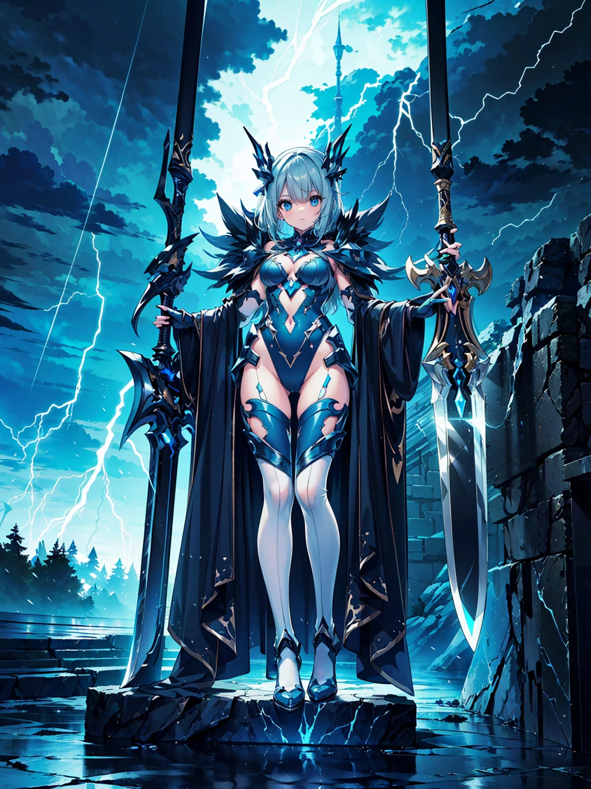 (((masterpiece, best quality, high detailed, 8k))) Design a layout showcase Gaming character, (1girl). Silver|Blue clothes, stylish and unique. ((showcase weapon:1.4)), lightning rod. (masterpiece:1.2), (best quality), 4k, ultra-detailed. (Step by step design, layout art:1.5), (luminous lighting, atmospheric lighting). storm mage, ((glove full hands)), (((revealing clothes:1.3))), vambraces, armored legwear, (((full_body_shot:1.4))). {During a thunderstorm}.
