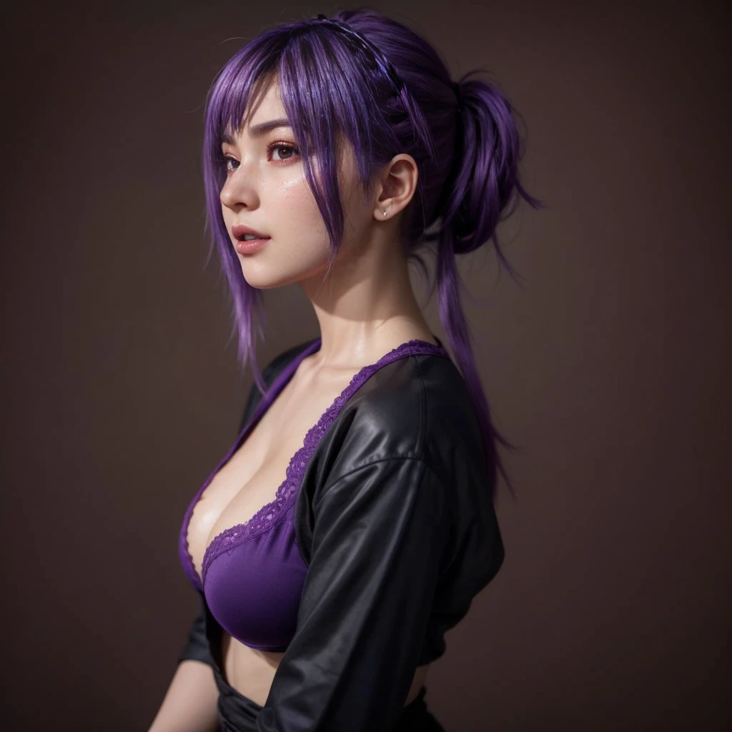 Ayane, purple hair, (best quality, ultra-detailed), (realistic:1.37), beautiful and detailed face, ultra-realistic texture, delicate face, delicate body, red lipstick, bright colors. high definition, 8K, well defined legs