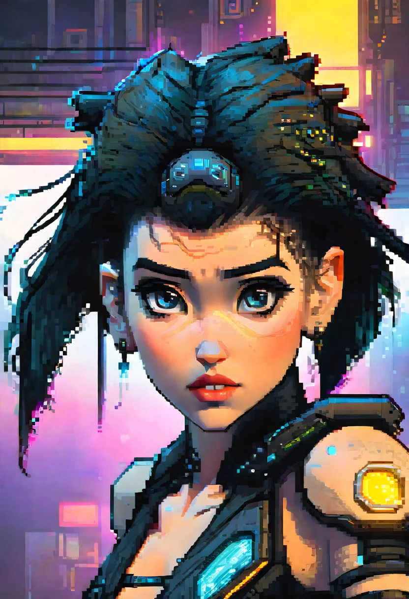 futuristic female, cyberpunk female, high resolution, absurderes(beautiful face and highly detailed eyes)Perfect Anatomia, good lighting, cinematic shadow, detailed back ground, Action game user interface, dots game, pixel art, 8 bits pixel art, player selection page, 1 girl, 1 young boy,