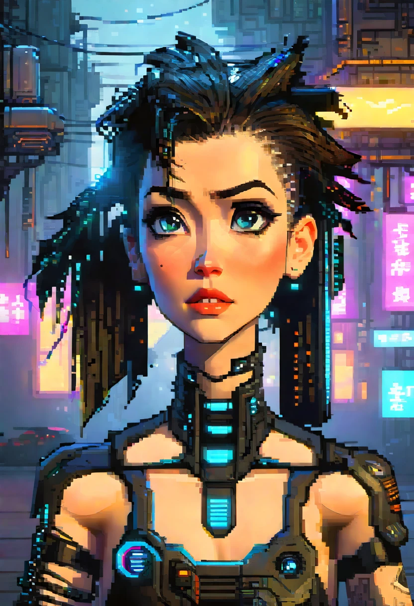 futuristic female, cyberpunk female, high resolution, absurderes(beautiful face and highly detailed eyes)Perfect Anatomia, good lighting, cinematic shadow, detailed back ground, Action game user interface, dots game, pixel art, 8 bits pixel art, player selection page, 1 girl, 1 young boy,