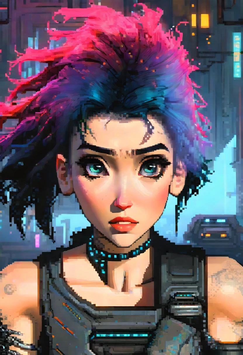 futuristic female, cyberpunk female, high resolution, absurderes(beautiful face and highly detailed eyes)Perfect Anatomia, good lighting, cinematic shadow, detailed back ground, Action game user interface, dots game, pixel art, 8 bits pixel art, player selection page, 1 girl, 1 young boy,