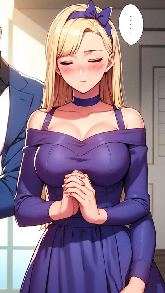 1girl, long_hair, blush, bangs, blonde_hair, 1boy, dress, bow, bare_shoulders, closed_eyes, hair_bow, hairband, solo_focus, choker, dark_skin, blunt_bangs, own_hands_together