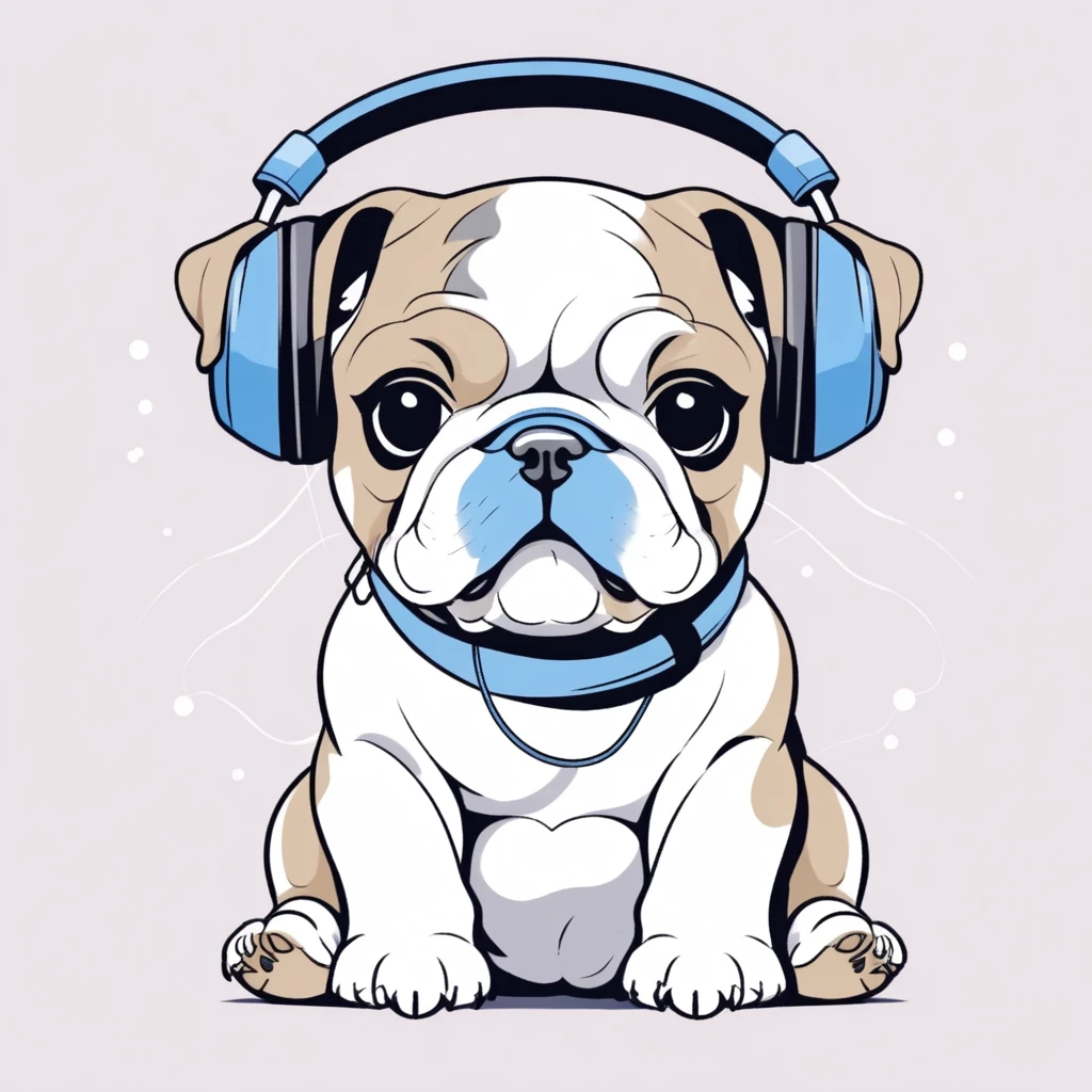 Cute bulldog puppy with headphones